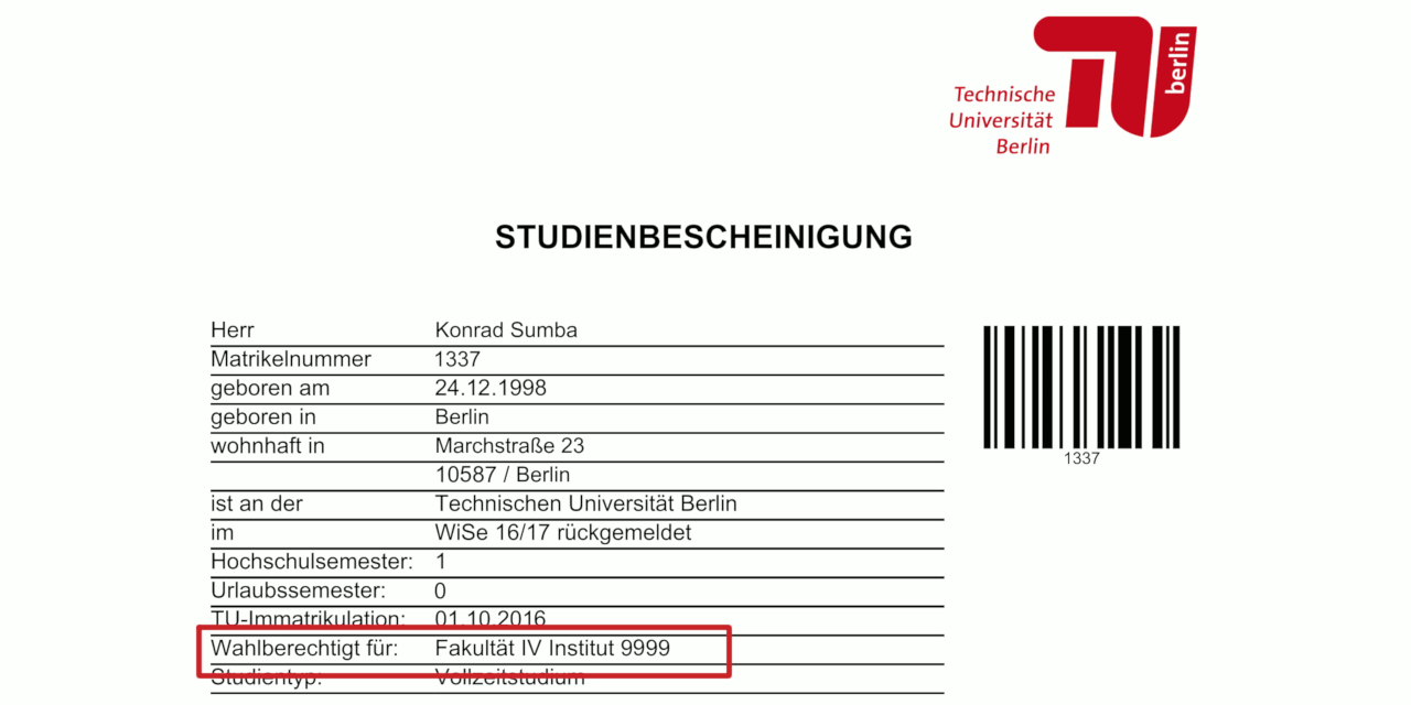 Upper part of the old “Studienbescheinigung”.