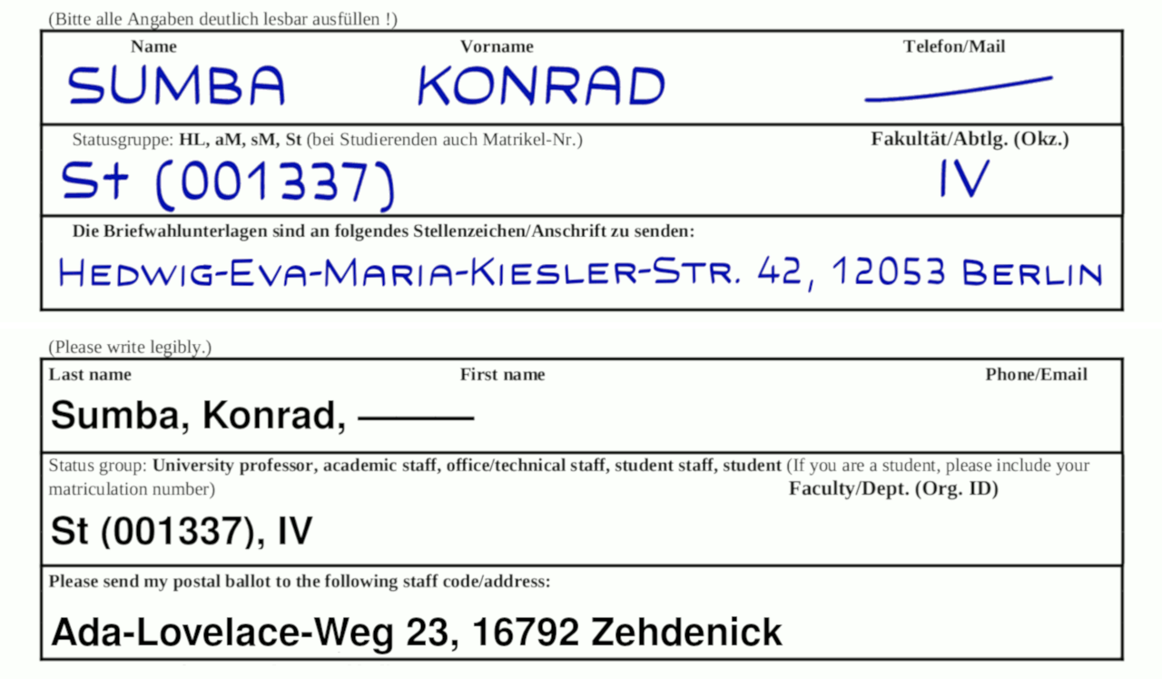 Details of the form for absentee vote in English language in both language (upper and lower part version).