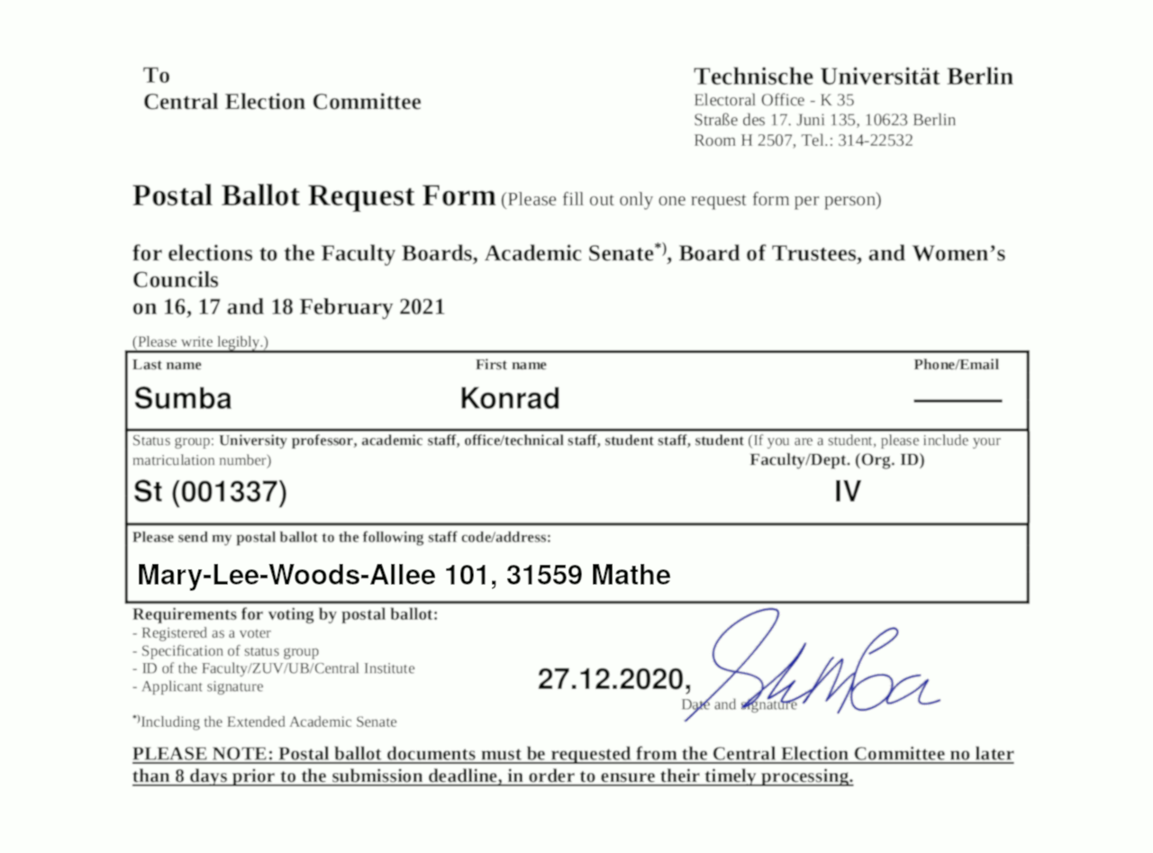 Form for absentee vote in English language (lower part).